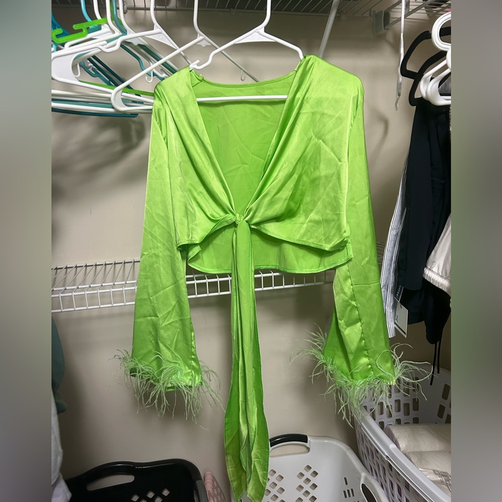 Vibrant Green Tie-Front Top with Feather Cuffs
